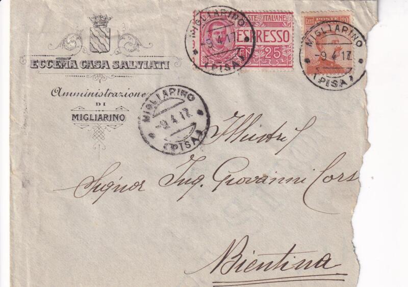 Storia postale, Espresso da Migliarino del 09/04/1917 a Bientina 10/04/1917