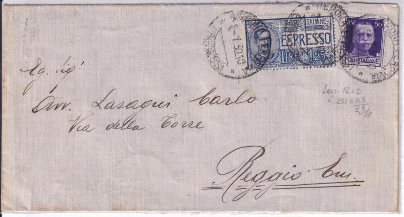 Storia postale. Espresso da Verona 02/01/1930 a Reggio Emilia 02/01/1930