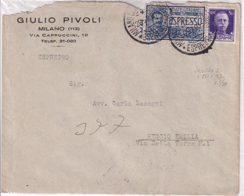 Storia postale. Espresso da Milano 26/05/1930 a Reggio Emilia 26/05/1930