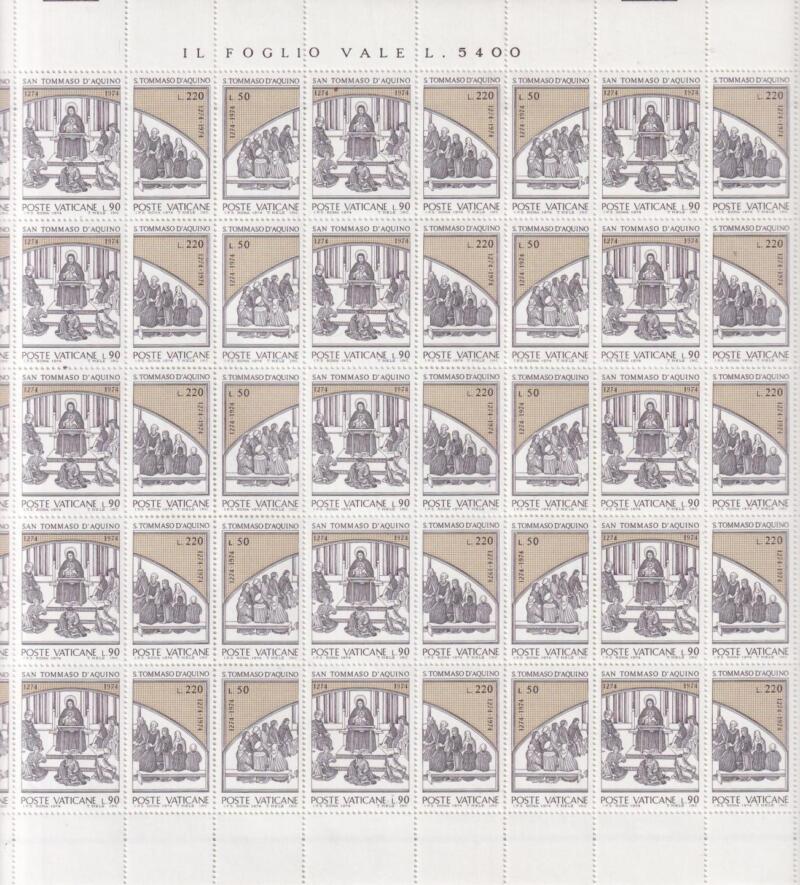 Foglio Francobolli Vaticano, Anno 1974, Trittico Settimo centenario della morte di San Tommaso D’Aquino. Dipinto (cat. n. 558-560)