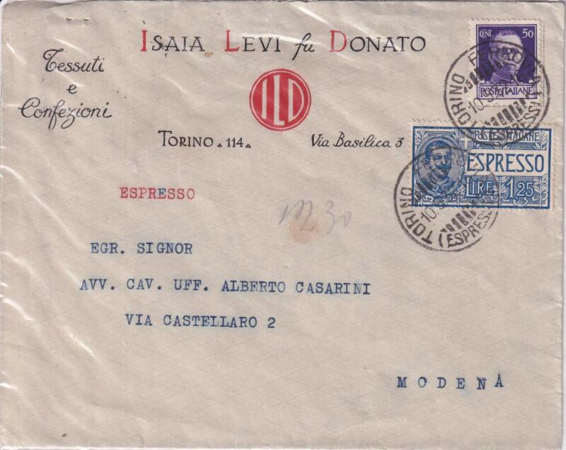 Storia postale. Espresso da Torino 10/09/1932 a Modena 11/09/1932