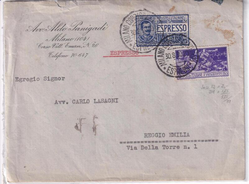 Storia postale. Espresso da Milano *Espresso* 30/08/1930 a Reggio Emilia 31/03/1930