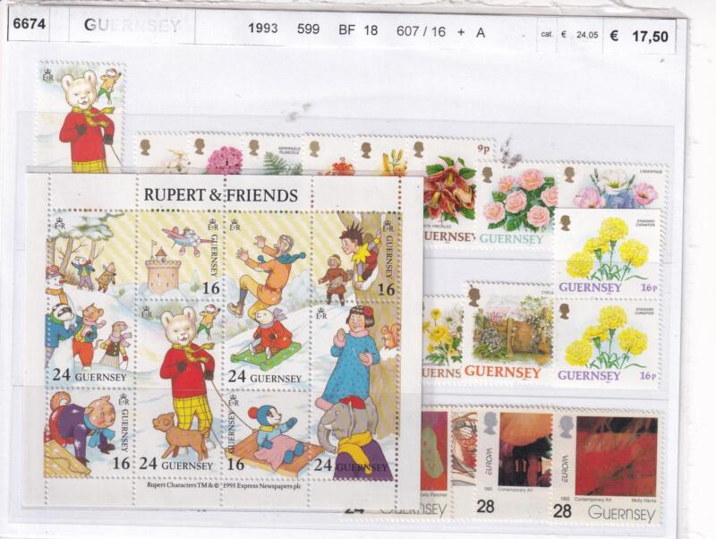 Francobolli e Foglietto Guernsey, Anno 1993, Varie emissioni (cat. n. 599, n. 607-616, n. 616 A, BF n. 18)