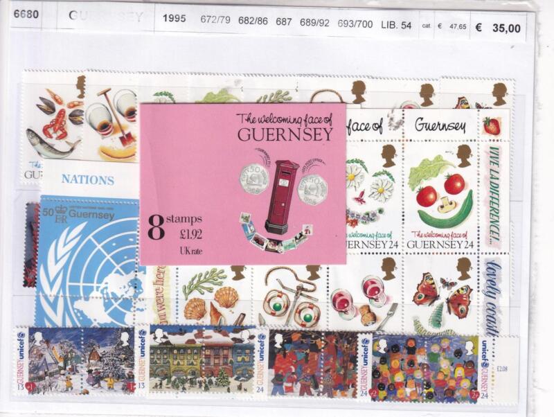 Francobolli, Foglietto e Libretto Guernsey, Anno 1995, Varie emissioni (cat. n. 672-679, n. 682-686, n. 687, n. 689-692, 693-700, BF n. 26, Lb n. 54)
