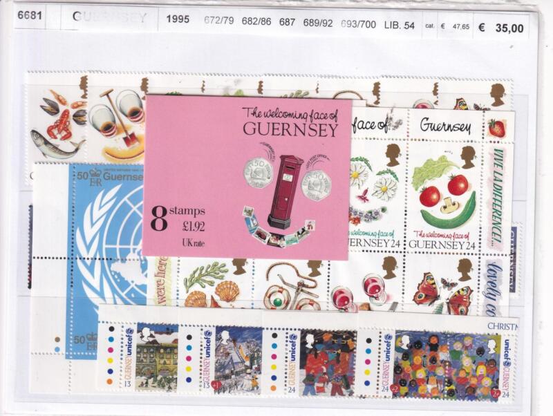 Francobolli, Foglietto e Libretto Guernsey, Anno 1995, Varie emissioni (cat. n. 672-679, n. 682-686, n. 687, n. 689-692, 693-700, BF n. 26, Lb n. 54)