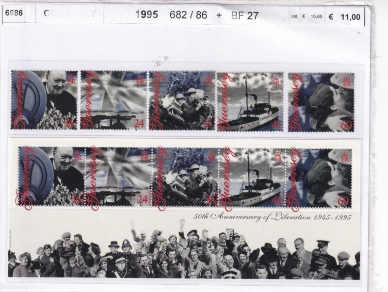 Francobolli e Foglietto Guernsey, Anno 1995, Cinquantesimo anniversario della Liberazione (cat. n. 682-686, BF n. 27)