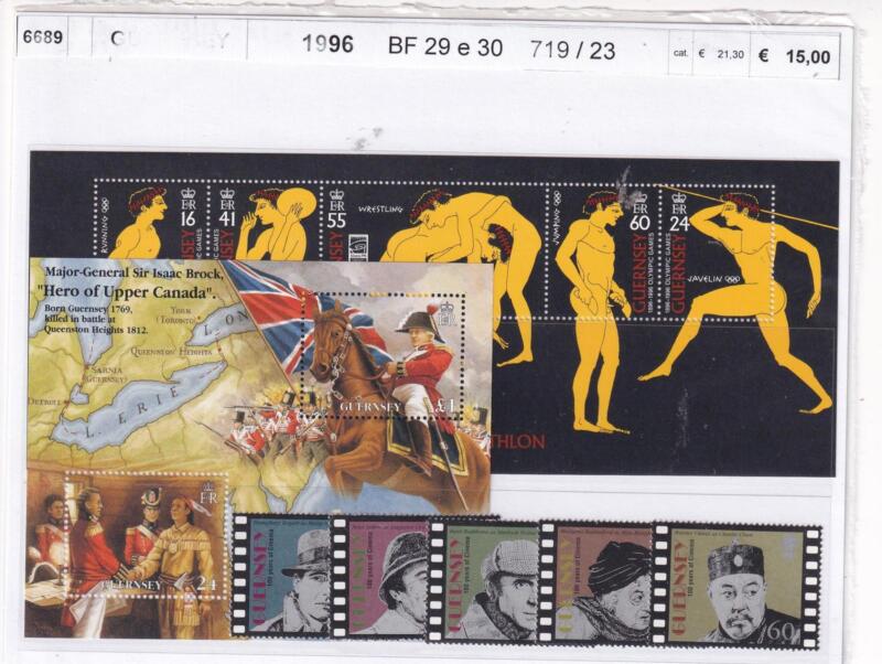 Francobolli e Foglietto Guernsey, Anno 1996, Varie emissioni (cat. n. 719-723, BF n. 29-30)