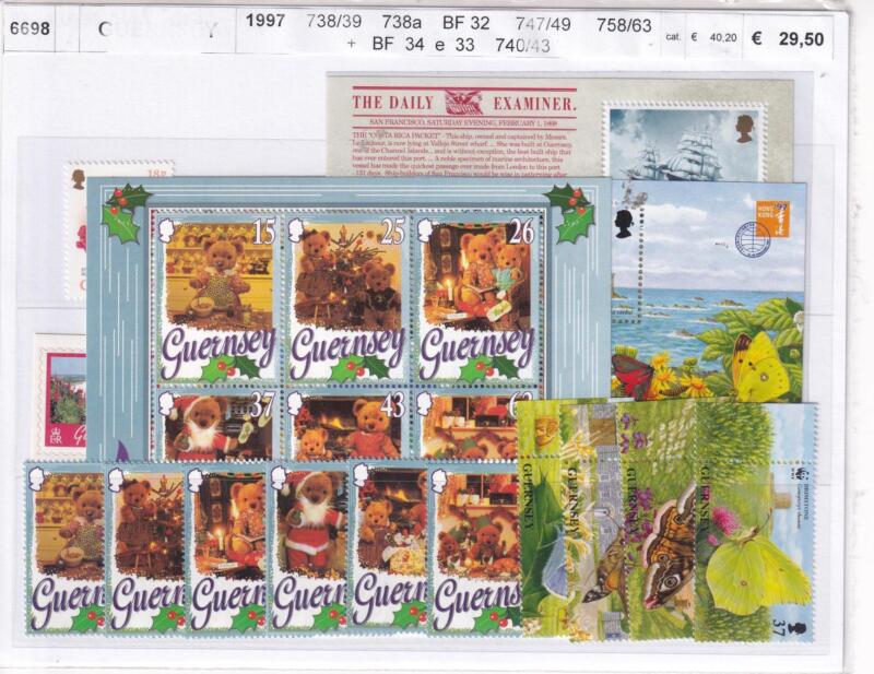 Francobolli e Foglietto Guernsey, Anno 1997, Varie emissioni (cat. n. 738-739, n. 738 Autoadesivo, n. 740-743, n. 747-749 Autoadesivi, n. 758-763, BF n. 33-34)