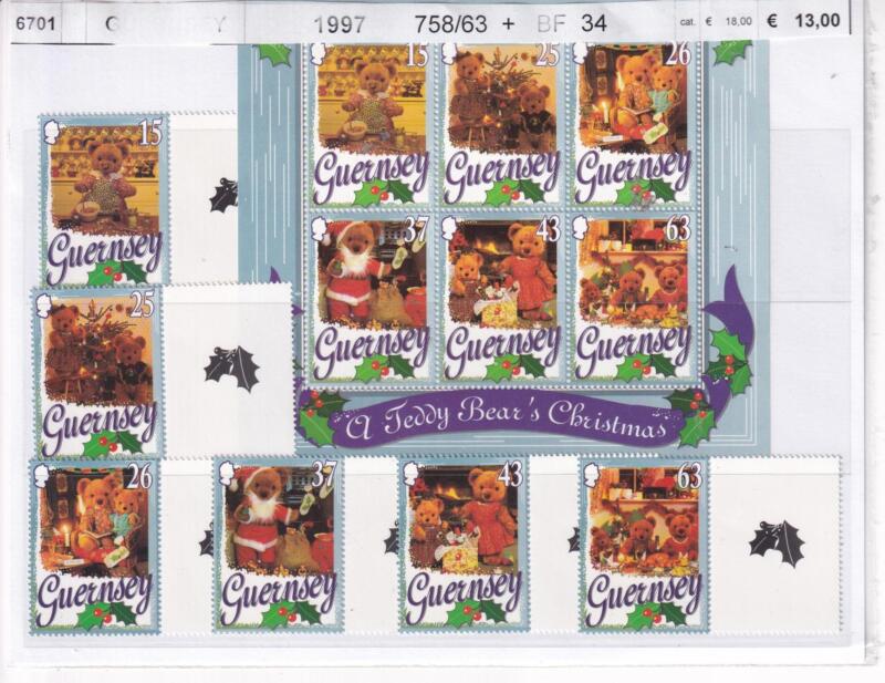 Francobolli e Foglietto Guernsey, Anno 1997, Natale (cat. n. 758-763, BF n. 34)