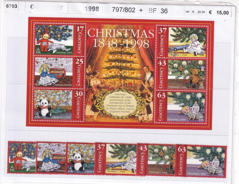 Francobolli e Foglietto Guernsey, Anno 1998, Natale (cat. n. 797-802, BF n. 36)