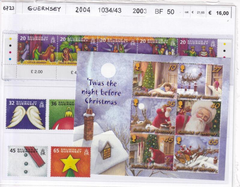 Francobolli e Foglietto Guernsey, Anni 2003, 2004, Natale (cat. n. 1034-1043, BF n. 50)