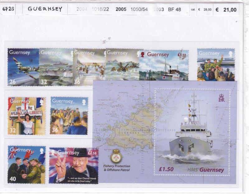 Francobolli e Foglietto Guernsey, Anni 2003, 2004, 2005, Varie emissioni (BF n. 48, cat. n. 1018-1022, n. 1050-1054)