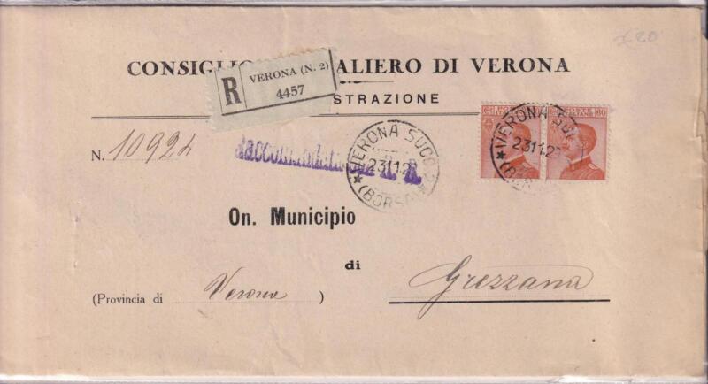 Storia postale. Raccomandata da Verona 2 4457 del 23/11/1929 a Grezzana
