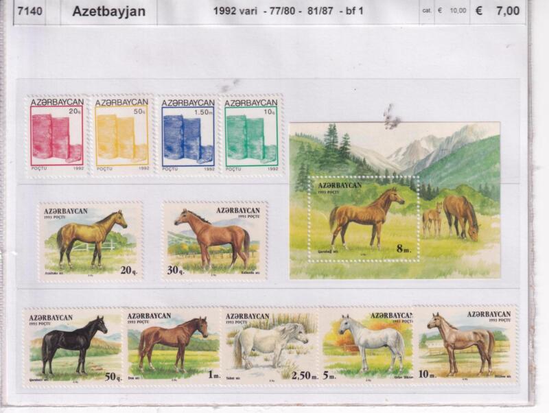 Francobolli e Foglietto Azerbaigian, Anno 1992, Varie emissioni, Cavalli (cat. n. 77-80, n. 81-87, BF n. 1)
