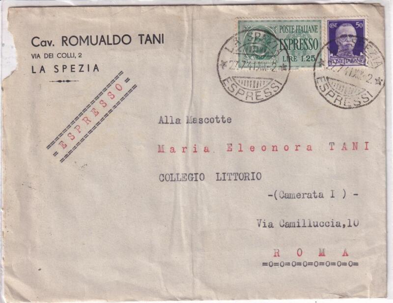 Storia postale. Espresso da La Spezia 27/07/1941 a Roma 27/07/1941