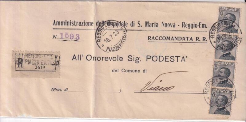 Storia postale. Raccomandata R. R. da Reggio Emilia 2619 del 06/04/1929 a Viano