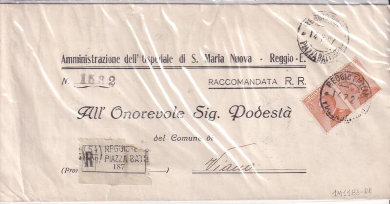 Storia postale. Raccomandata R. R. da Reggio Emilia 187 del 14/07/1927 a Viano