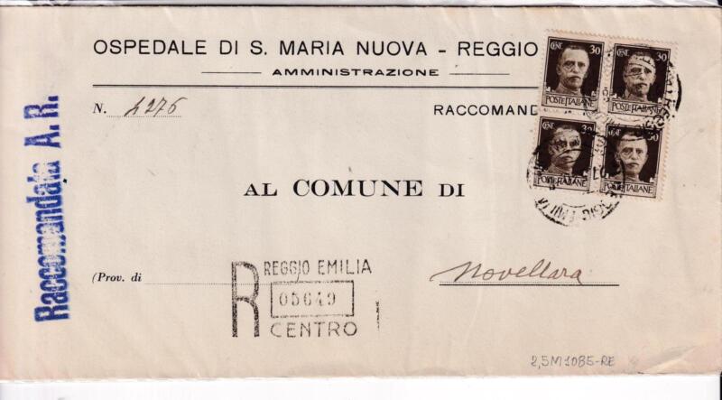 Storia postale. Raccomandata A. R. da Reggio Emilia 5649 del 26/05/1940 a Novellara 27/05/1940