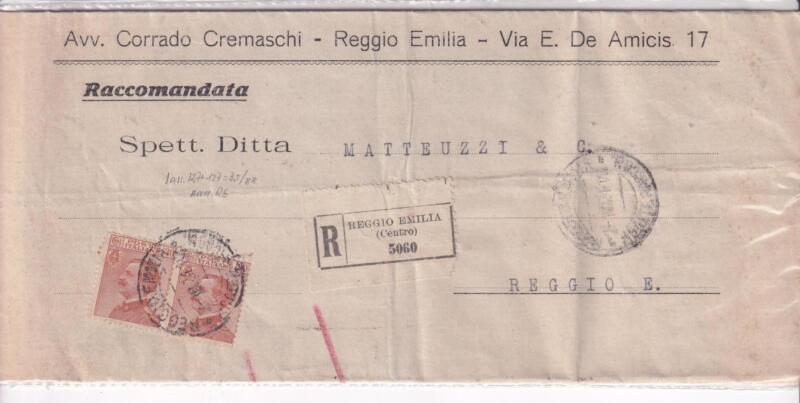 Storia postale. Raccomandata da Reggio Emilia R 5060 del 02/10/1924 a Reggio Emilia