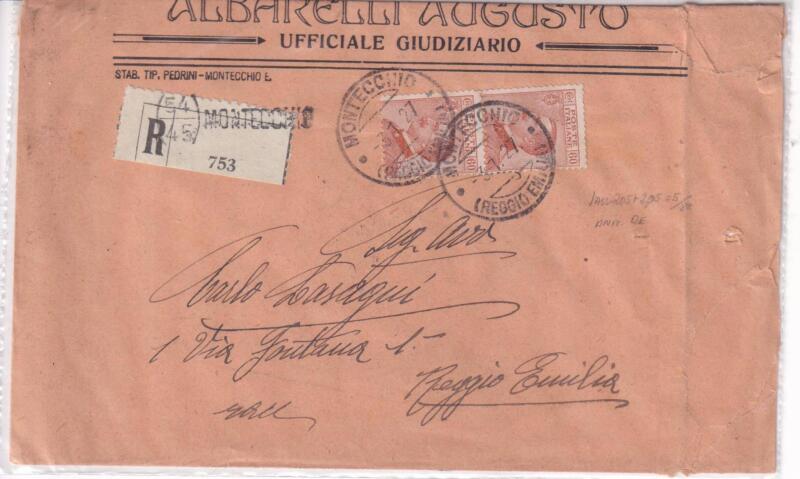 Storia postale. Raccomandata da Montecchio R 753 del 03/01/1927 a Reggio Emilia 04/01/1929