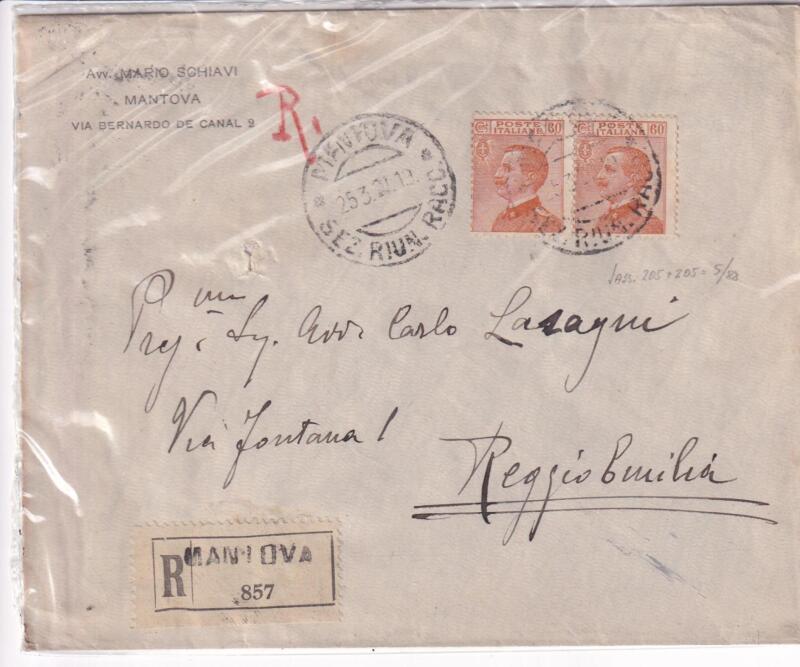 Storia postale. Raccomandata da Mantova 857 del 25/03/1927 a Reggio Emilia - Bologna/Milano 26/3/27