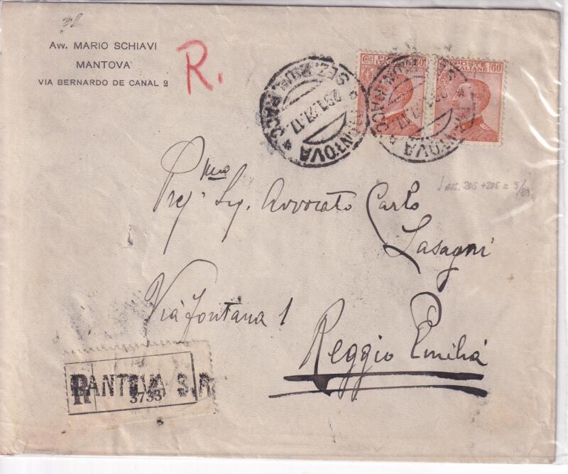 Storia postale. Raccomandata da Mantova S.P. R 3733 del 29/01/1927 a Reggio Emilia 30/01/1929