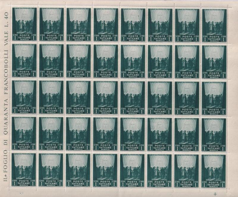 Fogli Francobolli Vaticano, Anno 1945, Serie completa Pro Prigionieri. Terza serie, Lire 1 verde scuro, Lire 3 rosso carminio, Lire 5 azzurro scuro (cat. n. 99-101)