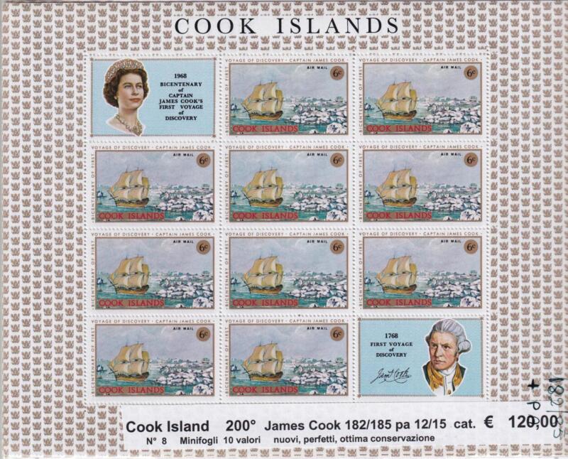 Minifoglio Cook Islands, Anno 1968, Bicentenario del primo viaggio di scoperta di James Cook (cat. n. 182-185, Pa n. 12-15)