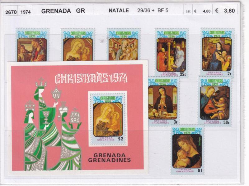 Francobolli e Foglietto Grenada e Grenadines, Natale 1974 (cat. n. 29-36, BF n. 5)
