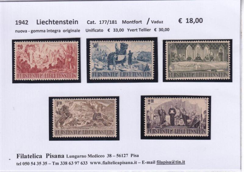 Francobolli Liechtenstein, Anno 1942, Sesto centenario della separazione del territorio del Liechtenstein dai possedimenti dei Conti di Monforte (cat. n. 177-181)
