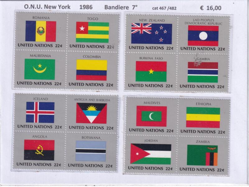 Francobolli ONU New York, Anno 1986, Bandiere 7 (cat. n. 467-482)