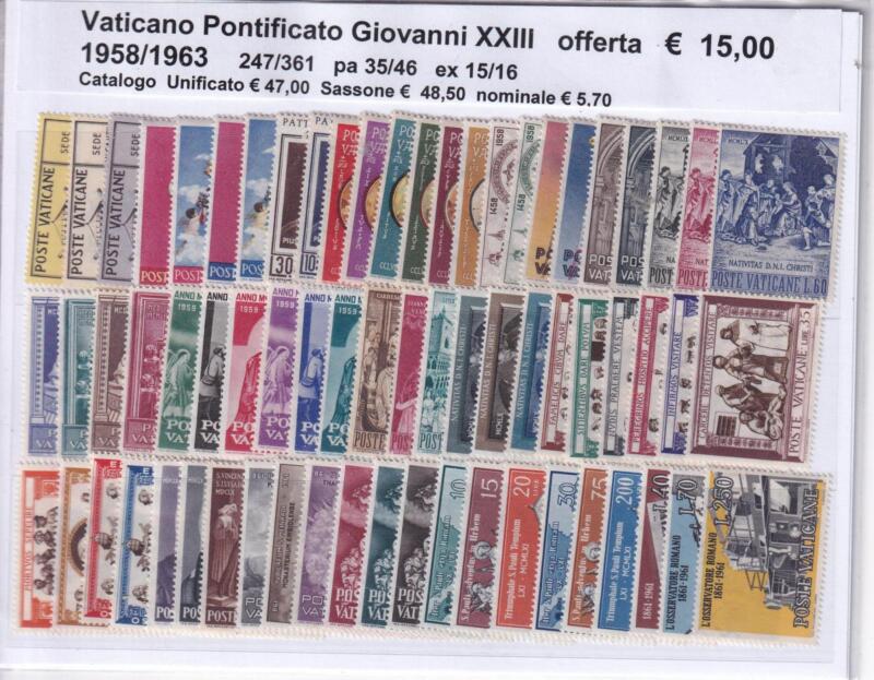 Francobolli Vaticano, Annate complete 1958.1959, 1960, 1961, 1962- 1963 (Pontificato Giovanni XXIII completo)