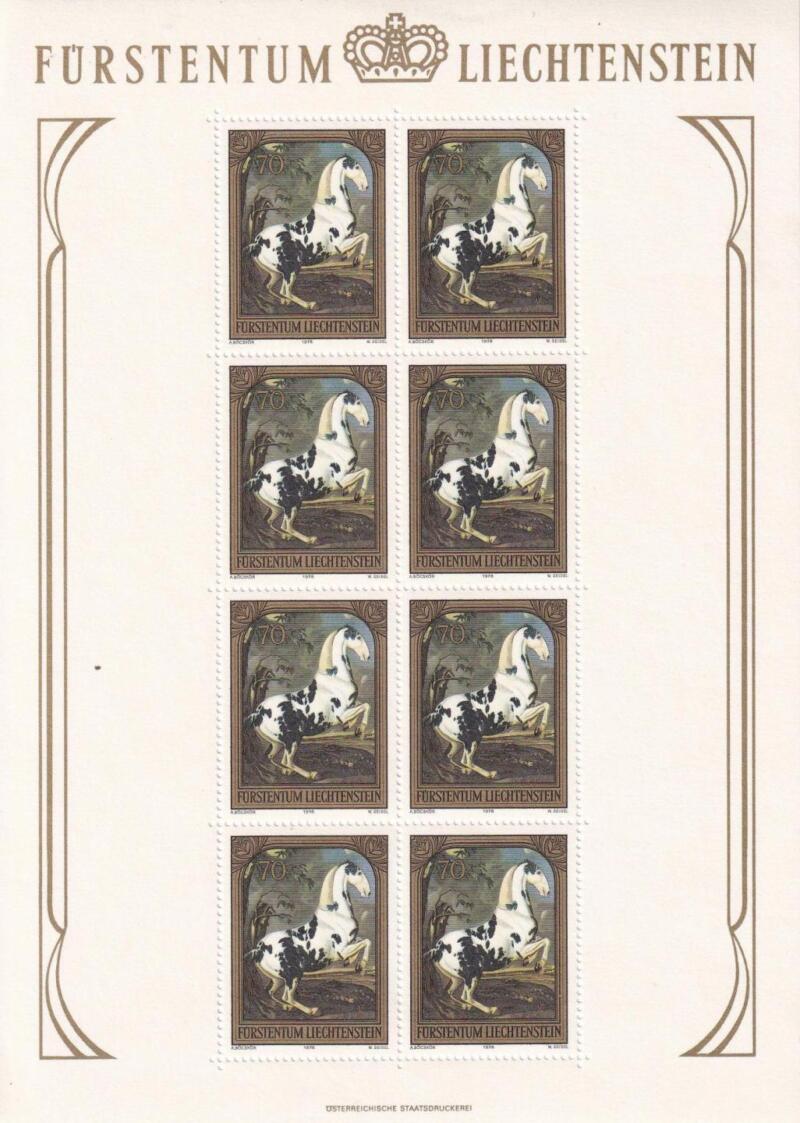 Minifogli Liechtenstein, Anno 1978, Quadri raffiguranti cavalli e la carrozza d’oro del Principe Wenzel (cat. n. 658-660)