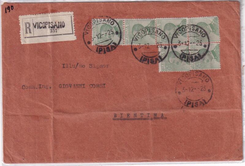 Storia postale. Raccomandata da Vicopisano (Pisa) R 357 del 03/12/1925 a Bientina (Pisa) 04/12/1925