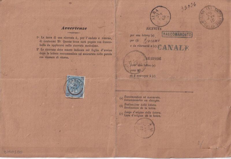 Storia postale. Ricevuta di Ritorno da Canale 21/09/1865 a Torino 22/09/1865