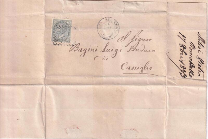 Storia postale Lettera da Piazza Brembana 17/10/1873 a Cassiglio