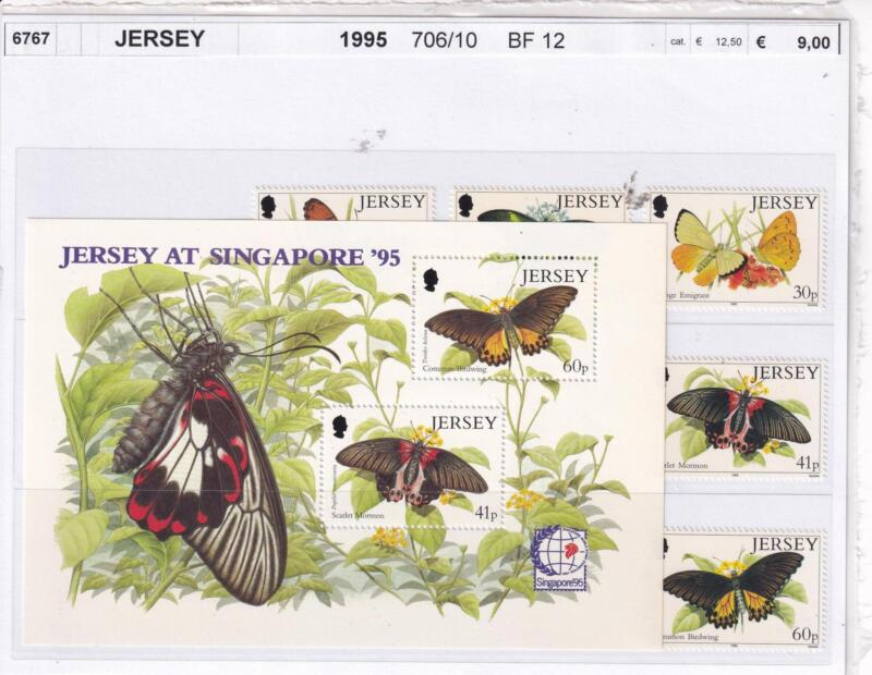 Francobolli e Foglietto Jersey, Anno 1995, Fauna Farfalle (cat. n. 706-710, BF n. 12)