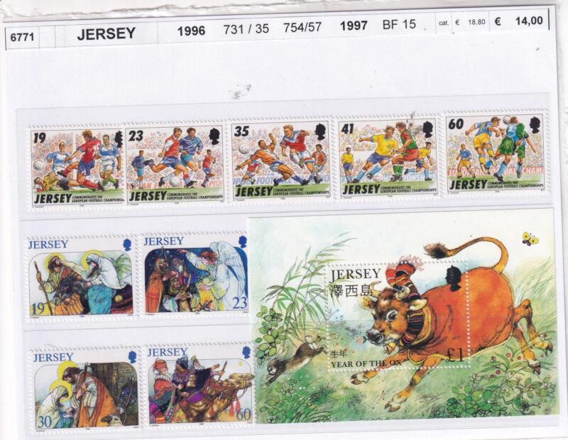 Francobolli e Foglietto Jersey, Anni 1996 e 1997, Varie emissioni (cat. n. 731-735, 754-757, BF n. 15)