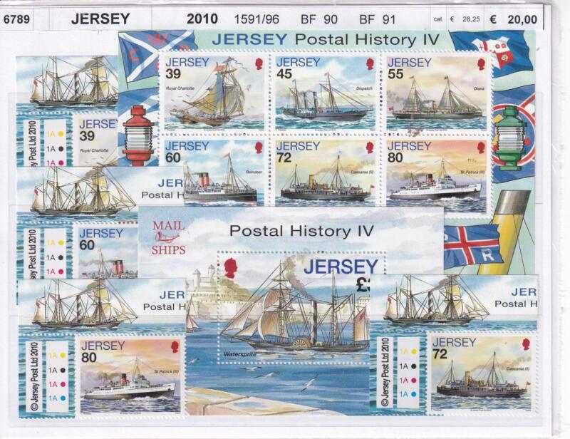 Francobolli e Foglietti Jersey, Anno 2010, Storia postale di Jersey. Navi postali (cat. n. 1591-1596, BF n. 90, BF n. 91)