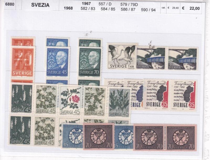 Francobolli Svezia, Anni 1967-1968, Varie emissioni (cat. n. 557/D, nn. 578-579D, nn. 582-583, nn. 584.585, nn. 586-587, nn. 590-594)