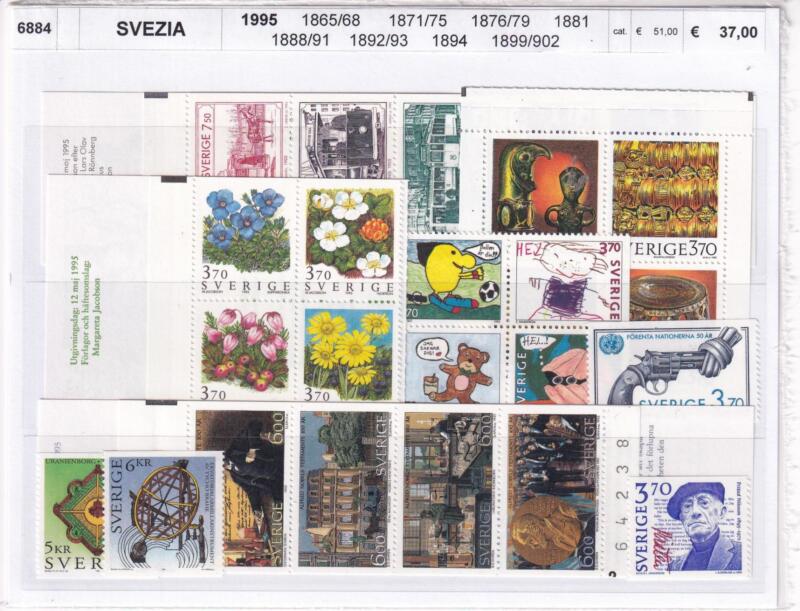 Francobolli e Libretti Svezia, Anno 1995, Vari emissioni (cat. n. 1865-1868, nn. 1871-1875, nn. 1876-1879, n. 1881, nn. 1888-1891, nn. 1892-1893, n. 1894, nn. 1899-1902)