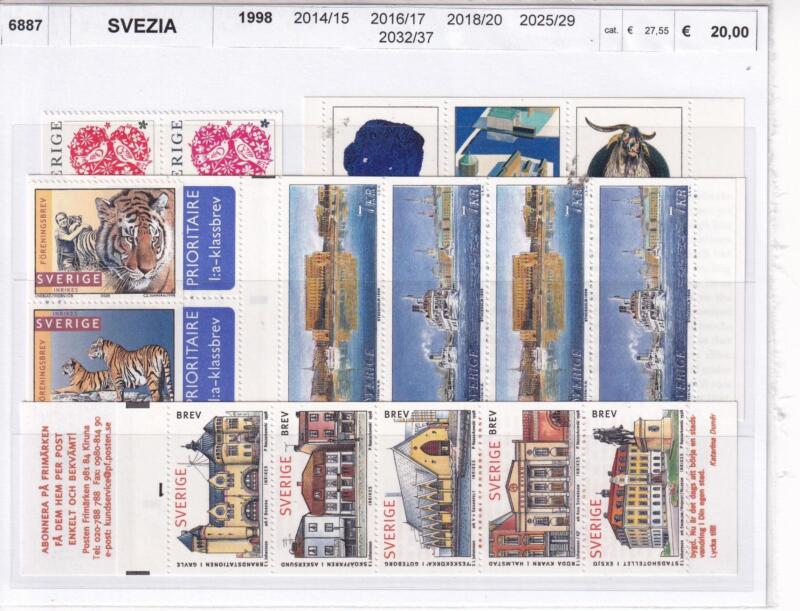 Francobolli e Libretti Svezia, Anno 1998, Varie emissioni (cat. n. 2014-2015, nn. 2016-2017, nn. 2018-2020, nn. 2025-2029, nn. 2032-2037)