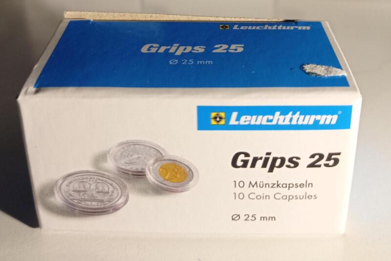 Capsule trasparenti per monete Leuchtturm Grips, Diametro 25 mm.