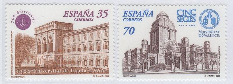 Francobolli Spagna Anno 2000 Settimo centenario dell’Università di Lerida e quinto centenario dell’Università di Valencia (cat. n. 3270-3271)