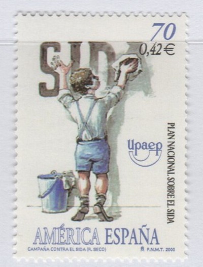 Francobollo Spagna Anno 2000 U.P.A.E.P. Unione Postale America Spagna Portogallo Lotta contro l’AIDS (cat. n. 3334)