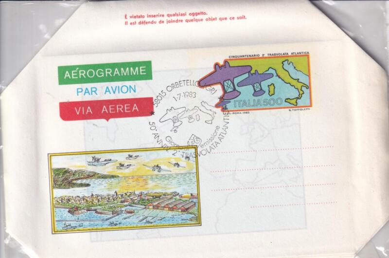 Aerogramma Italia Repubblica ANNULLO PRIMO GIORNO DI EMISSIONE (FDC) ORBETELLO 01/07/1983 50esimo della Seconda Trasvolata Atlantica del Generale Balbo Francobollo Idrovolanti L 550 policromo (A 20)