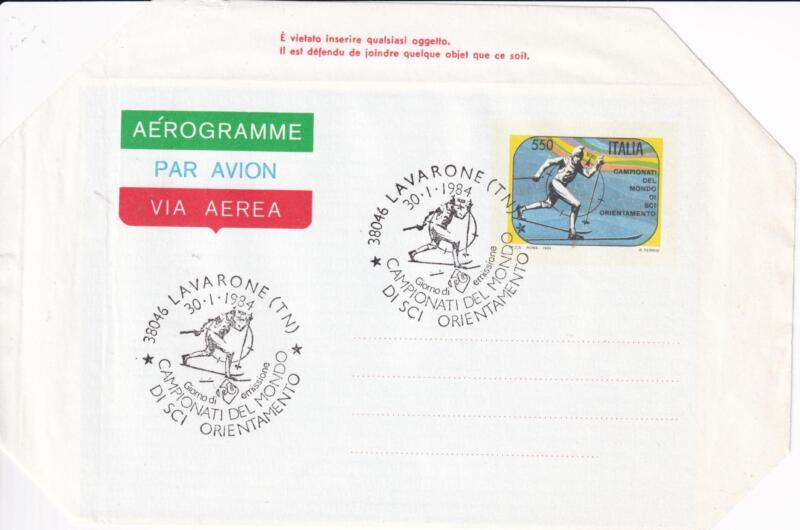 Aerogramma Italia Repubblica ANNULLO PRIMO GIORNO DI EMISSIONE (FDC) LAVARONE 30/01/1984 Sci Orientamento Campionati del mondo Francobollo Sciatore (A 21)