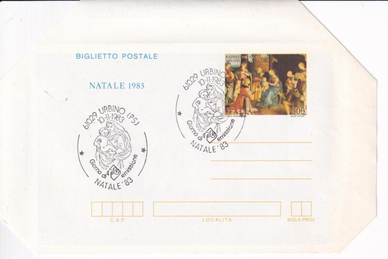 Biglietto Postale Italia Repubblica PRIMO GIORNO DI EMISSIONE (FDC) Urbino 10/11/1983 Natale 83 Francobollo Adorazione dei Magi di Raffaello Sanzio Lire 300 policromo (B 57)