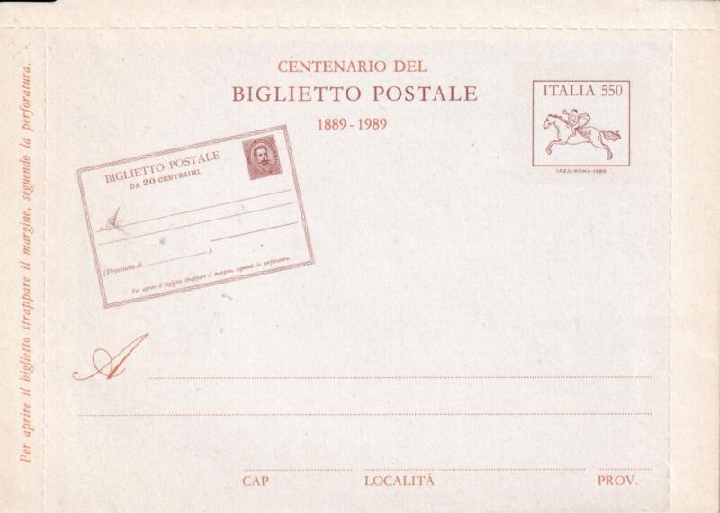 Biglietto Postale Italia Repubblica NUOVO 30/09/1989 Centenario Primo Biglietto Postale d'Italia Francobollo Cavallino Lire 550 bruno (B 60)