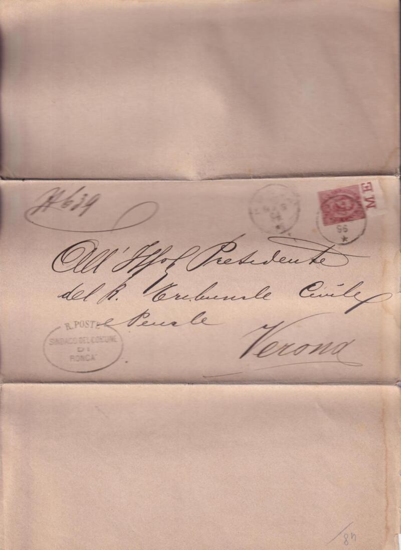 Storia postale Circolare da Municipio Roncà Nà 639 06/05/1896 a Verona Timbro ovale SINDACO DEL COMUE DI RONCA’